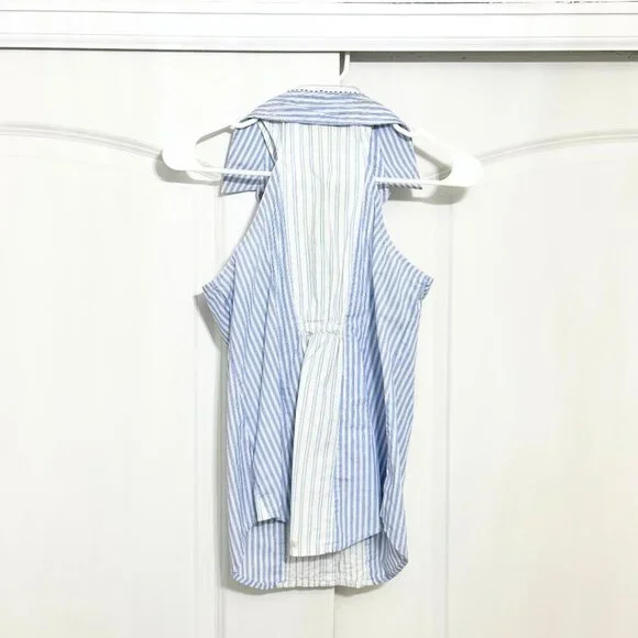 Maeve Blue, White Pinstriped Sleeveless Button-Down Top Blouse w/Collar, 0 - Picture 5 of 8